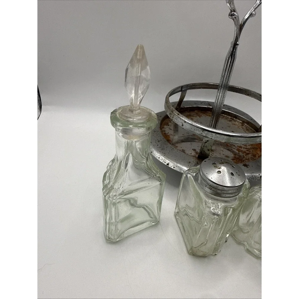 Vintage Cruet Condiment Metal & Glass Set Salt/Pepper, Oil, Sugar With Stand